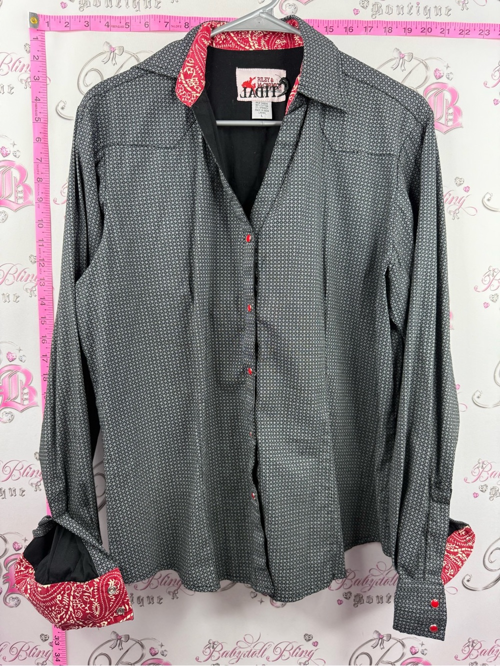 Shirt button up Black Microdot Button-Down Shirt with Red Bandana Trim